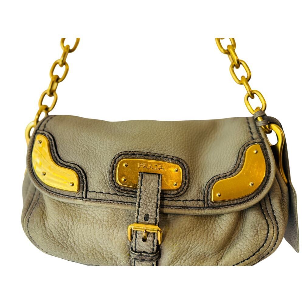 Vintage PRADA Handbag Womens Gray Deerskin Leather Cervo Flap Gold Accent COA - Picture 3 of 16